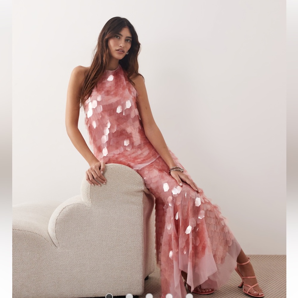 Arrange Shard Sequins Square Cut Hem Midi Skirt in Pink + Longline Halter Top